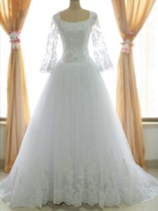 Sleeveless Tulle Brush Train Zipper Wedding Gowns in White with Lace and Appliques