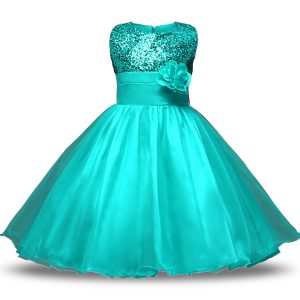 Customized Turquoise Organza and Sequined Zipper Scoop Sleeveless Knee Length Toddler Flower Girl Dress Bowknot and Belt and Hand Made Flower