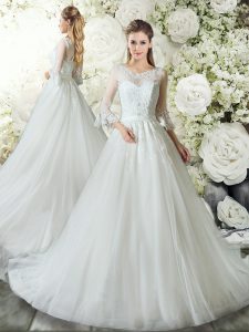 Enchanting A-line 3 4 Length Sleeve White Bridal Gown Court Train Zipper