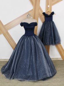 Super Brush Train A-line Homecoming Dress Navy Blue Off The Shoulder Tulle Sleeveless Lace Up