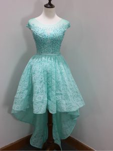 Aqua Blue Zipper Court Dresses for Sweet 16 Beading and Lace Cap Sleeves High Low
