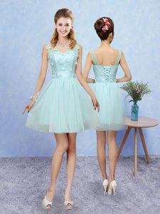 Modern Sleeveless Mini Length Appliques Lace Up Dama Dress for Quinceanera with Aqua Blue
