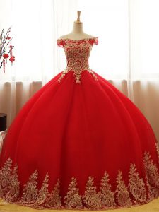 Red Ball Gown Prom Dress Military Ball and Sweet 16 and Quinceanera with Appliques Off The Shoulder Sleeveless Lace Up