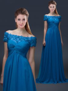 Hot Selling Floor Length Lace Up Mother of the Bride Dress Royal Blue for Prom and Party with Appliques