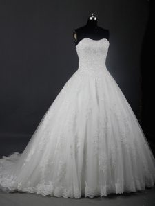 Fashion Brush Train Ball Gowns Wedding Gown White Strapless Tulle Sleeveless Lace Up