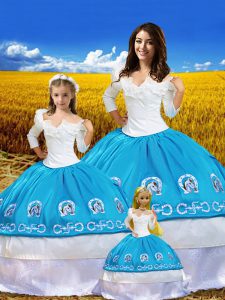 Embroidery 15 Quinceanera Dress Blue And White Lace Up 3 4 Length Sleeve Floor Length