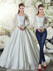 White A-line V-neck Long Sleeves Satin Brush Train Lace Up Beading and Appliques Wedding Dresses