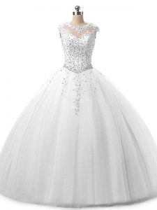 Fashionable Ball Gowns 15 Quinceanera Dress White Scoop Tulle Sleeveless Floor Length Lace Up