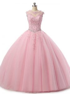 Baby Pink Scoop Lace Up Beading and Lace 15 Quinceanera Dress Sleeveless
