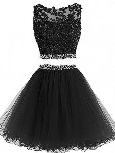 Black Tulle Zipper Prom Evening Gown Sleeveless Mini Length Beading and Lace and Appliques