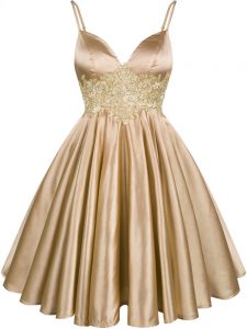 Elastic Woven Satin Spaghetti Straps Sleeveless Lace Up Lace Quinceanera Dama Dress in Champagne