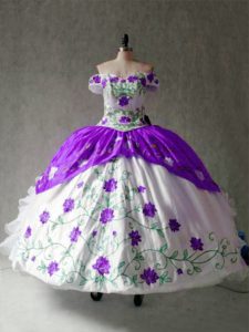 Exquisite Cap Sleeves Floor Length Embroidery and Ruffles Lace Up Sweet 16 Dresses with White And Purple