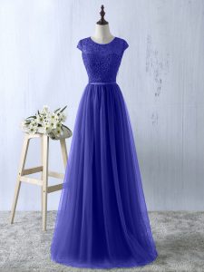 Blue Short Sleeves Lace Floor Length Prom Dresses