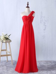 Excellent Red Empire One Shoulder Sleeveless Chiffon Floor Length Lace Up Hand Made Flower Quinceanera Dama Dress
