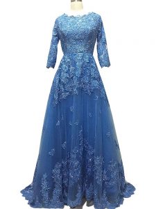 Blue 3 4 Length Sleeve Brush Train Lace and Appliques Celebrity Inspired Dress