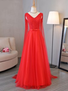 V-neck Sleeveless Lace Up Homecoming Dress Red Tulle