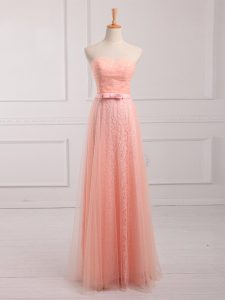 Fabulous Peach Dama Dress for Quinceanera Prom and Party and Wedding Party with Belt Sweetheart Sleeveless Lace Up