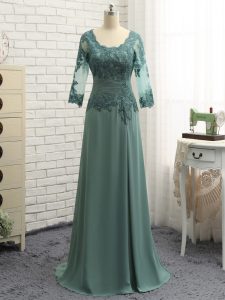 Designer Green Zipper Scalloped Lace and Appliques and Ruching Mother of Bride Dresses Chiffon Long Sleeves