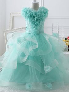 Tulle High-neck Sleeveless Zipper Ruffles and Hand Made Flower Party Dress for Toddlers in Apple Green