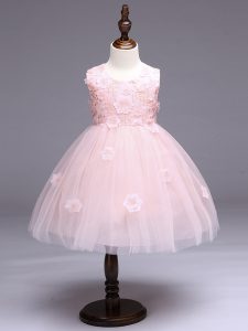 Latest Baby Pink Ball Gowns Appliques and Bowknot Little Girls Pageant Dress Wholesale Zipper Tulle Sleeveless Knee Length