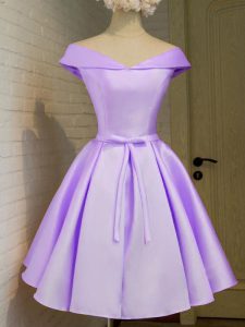 A-line Bridesmaid Gown Lavender Off The Shoulder Taffeta Cap Sleeves Knee Length Lace Up