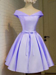 Off The Shoulder Cap Sleeves Wedding Guest Dresses Knee Length Belt Lavender Taffeta