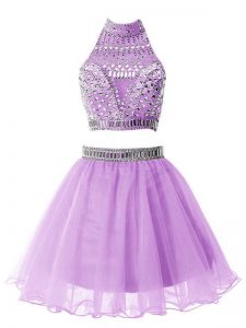 A-line Damas Dress Lilac High-neck Organza Sleeveless Knee Length Zipper
