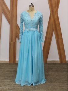 Lace Mother of the Bride Dress Baby Blue Backless Long Sleeves Floor Length