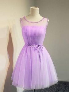 Lavender Empire Tulle Scoop Sleeveless Belt Knee Length Lace Up Quinceanera Court Dresses