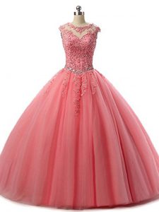 Elegant Scoop Sleeveless 15th Birthday Dress Floor Length Beading and Lace Watermelon Red Tulle