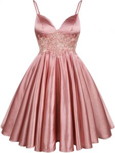 Modest Pink Elastic Woven Satin Lace Up Spaghetti Straps Sleeveless Knee Length Wedding Party Dress Lace
