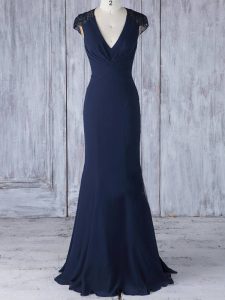 Navy Blue Cap Sleeves Floor Length Lace Side Zipper Bridesmaid Dresses
