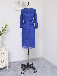 Adorable Royal Blue Long Sleeves Knee Length Lace and Appliques and Belt Zipper Mother of Groom Dress