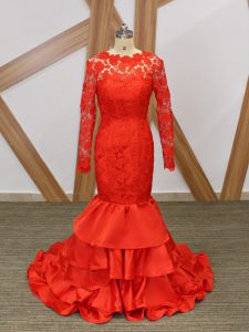 Modest Red Scoop Neckline Lace and Appliques Formal Dresses Long Sleeves Backless