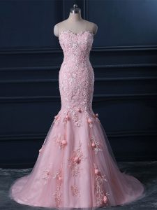 Mermaid Sleeveless Baby Pink Dress for Prom Brush Train Lace Up