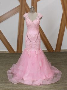 Baby Pink Tulle Backless V-neck Cap Sleeves Evening Wear Beading and Lace and Appliques and Ruffles