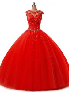 Traditional Red Sleeveless Floor Length Beading and Lace Lace Up Quinceanera Gown