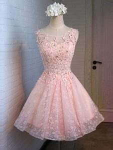 Artistic Pink Lace Up Scoop Lace and Appliques Prom Evening Gown Lace Sleeveless