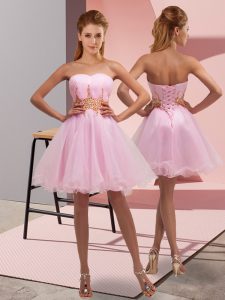 Baby Pink A-line Sweetheart Sleeveless Tulle Mini Length Lace Up Beading and Ruching Homecoming Dress