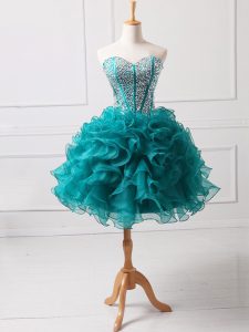 Wonderful Teal Organza Lace Up Sweetheart Sleeveless Mini Length Cocktail Dresses Beading and Ruffles