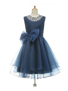 Scoop Sleeveless Flower Girl Dress Knee Length Beading and Bowknot Navy Blue Tulle