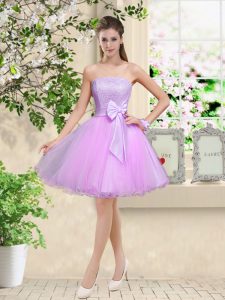 Sleeveless Knee Length Lace and Belt Lace Up Quinceanera Dama Dress with Lilac