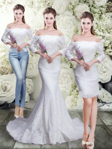 Fabulous Three Pieces 3 4 Length Sleeve White Wedding Dress Brush Train Lace Up