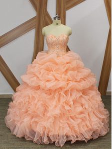 Peach Organza Lace Up Ball Gown Prom Dress Sleeveless Sweep Train Beading and Ruffles and Pick Ups