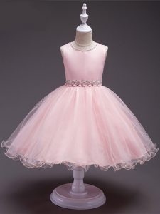 Cheap Baby Pink Organza Zipper Scoop Sleeveless Knee Length Party Dress for Girls Beading