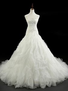 High Class Lace Up Bridal Gown White for Wedding Party with Beading and Ruffles Court Train