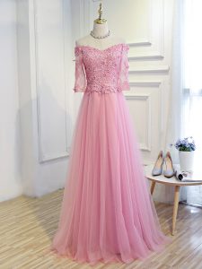 Noble Pink Lace Up Mother of the Bride Dress Beading and Lace and Appliques 3 4 Length Sleeve Floor Length