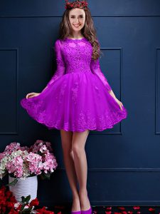 Eggplant Purple 3 4 Length Sleeve Beading and Lace and Appliques Mini Length Wedding Guest Dresses