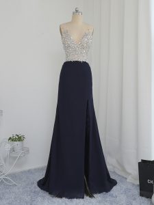 Black Prom Gown Prom and Party and Military Ball with Beading V-neck Sleeveless Backless