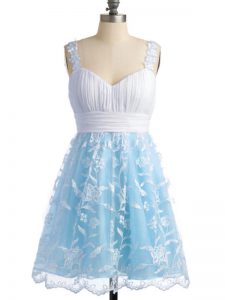 Glamorous Light Blue Sleeveless Lace Knee Length Quinceanera Court of Honor Dress